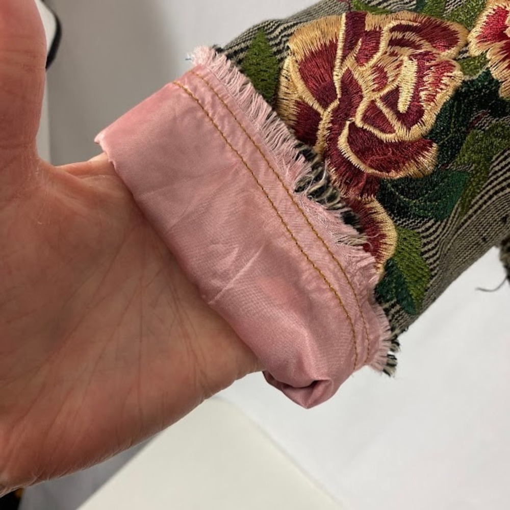 Unique Embellished Striped Blazer Jacket Floral Roses Embroidered Frayed Edges - Picture 9 of 15